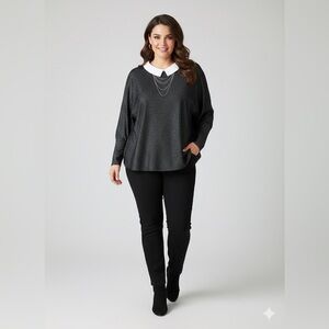 Sioni Shimmer Knit Blouse Peter Pan Collar Plus Sz 2X Black Metallic Retro Goth